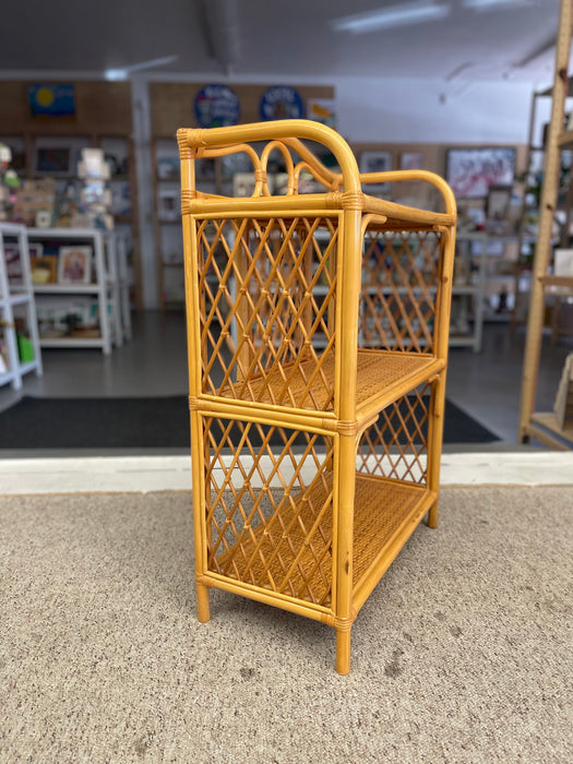 1970s Vintage Likely Rattan and Wicker Shelf with Diamond Lattice Sides and Circle Motif