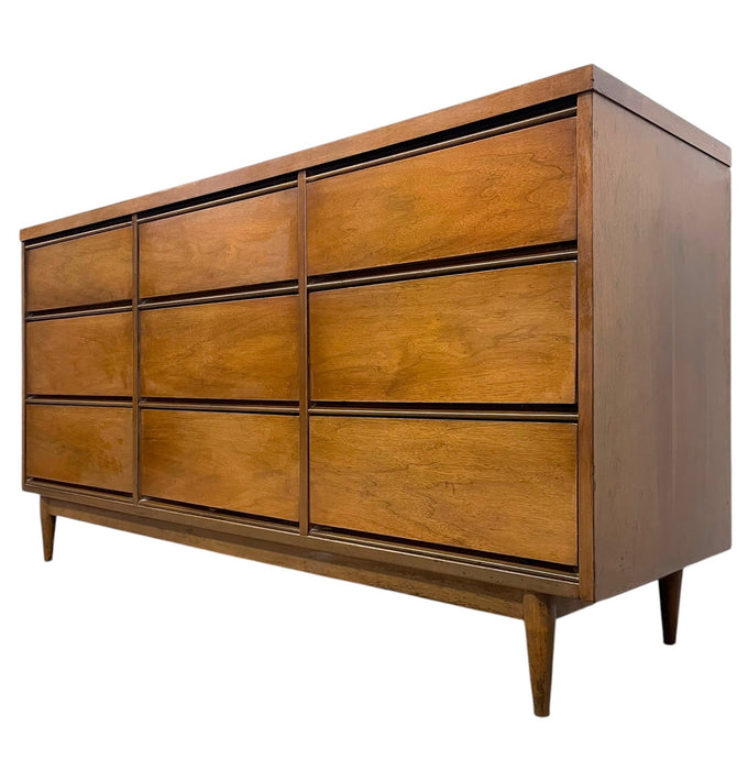 Mid Century Modern 9 Drawer Lowboy Dresser with Dovetail Drawers and Tapered Legs