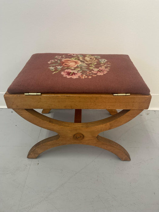 Vintage Needlepoint Embroidery Footstool With Floral Motif