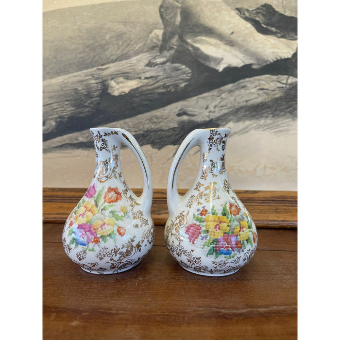 Pair of Vintage White Vases With Flower Motif