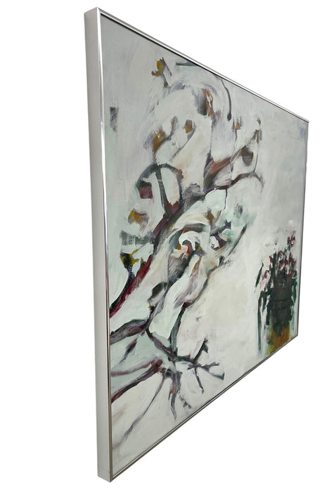 Large Contemporary Abstract Floral Painting on Canvas in Silver Frame, White Blossoms Still Life
