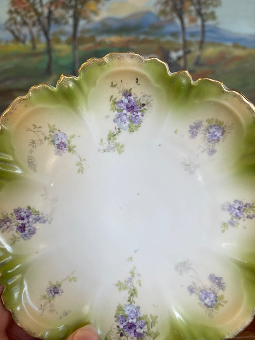 Hand-Painted Cabinet Plate with Green and Gold Toned Ombre Border and
Purple Floral Sprays