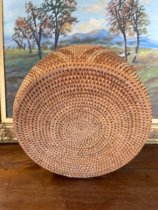 Vintage Handwoven Southeast Asian Rattan Lidded Basket with Saburst and Diamond Weave pattern