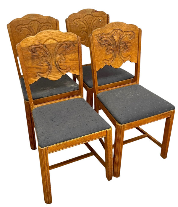 Vintage Set of 4 Carved Dining Chairs with Upholstered Seats.