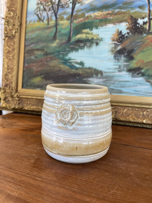 Signed Studio Pottery Stoneware Vessel by Freeburg with Embossed Medallion