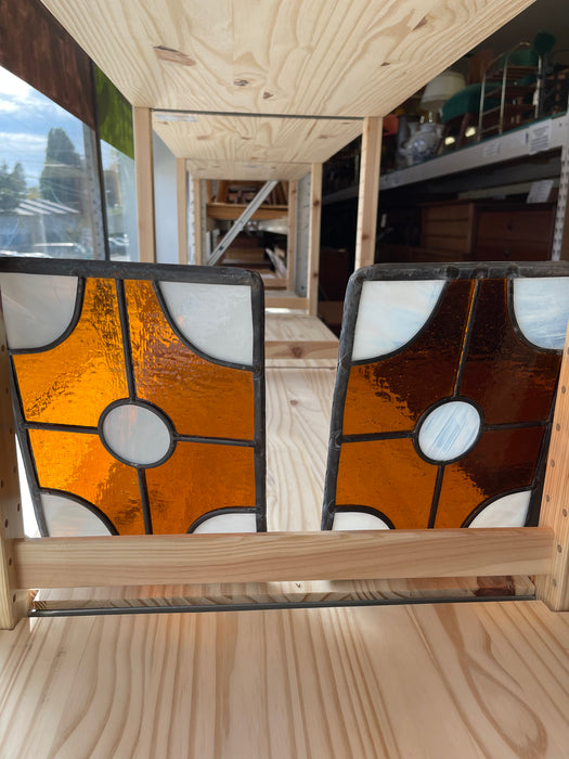 Pair of Vintage Amber and White Stained Glass Window Panels