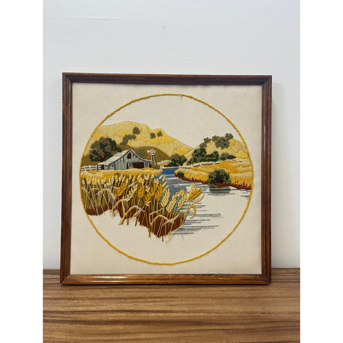 Vintage Framed Embroidered
Landscape Farm Scene