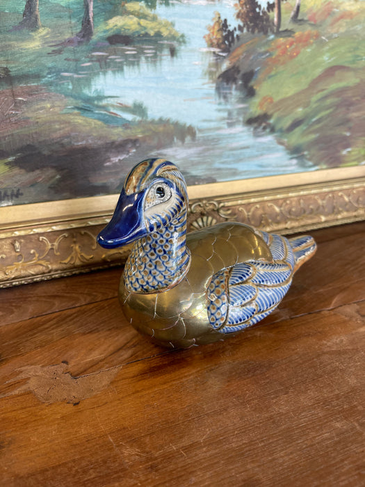 Vintage Chinese Cloisonné and Ceramic Duck Figurine with Hand-Painted Detailing