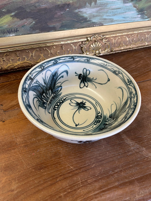 Vintage Bat Trang Vietnamese Ceramic Bowl with Hand-Painted Dragonfly Motif