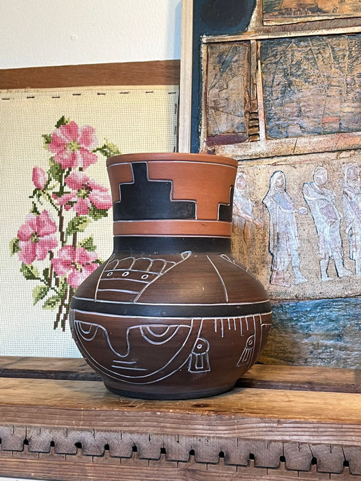 Vintage Leopoldo de Mexico Aztec Mayan Red Clay pottery folk art Vase ( Available by Online Purchase Only)