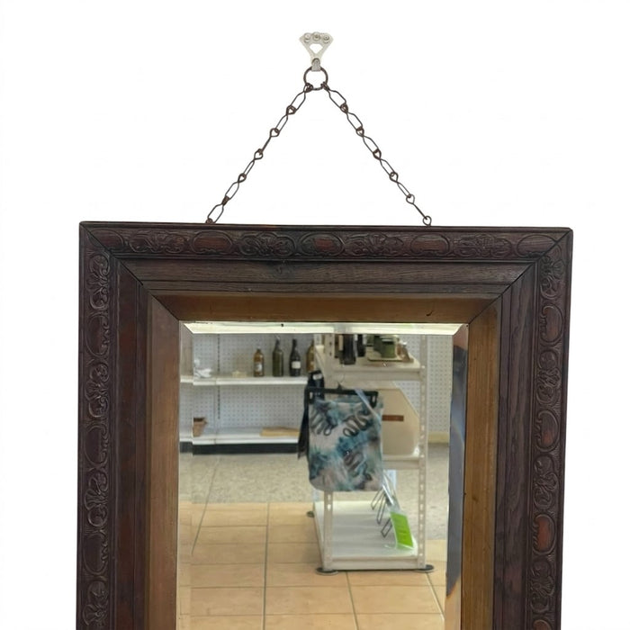 Victorian 1890s UK import Carved Oak Wall Mirror with Beveled Glass and Hanging Chain
