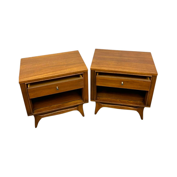 Vintage Mid Century Modern Walnut Nightstands with Sculpted Stretcher Base and Faux Turquoise Handle Inlay- Pair