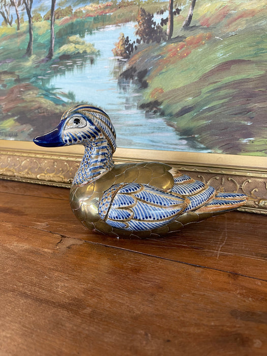 Vintage Chinese Cloisonné and Ceramic Duck Figurine with Hand-Painted Detailing