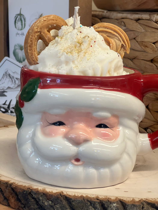 Jolly Ol' Handpainted Ceramic Santa Mug with  Festive Hand Crafted Vanilla Scented Soy Candle Representing Whipped Cream and Pretzels