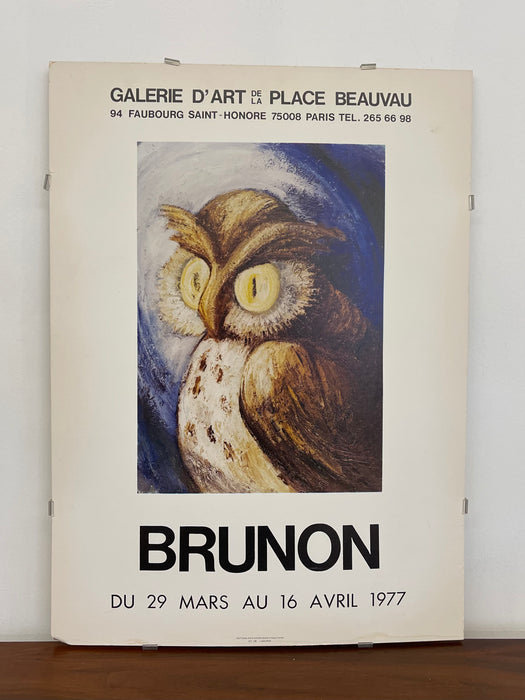 Vintage 1977 Brunon Exhibition Poster Paris Galerie d'Art de la Place Beauvau Owl Artwork