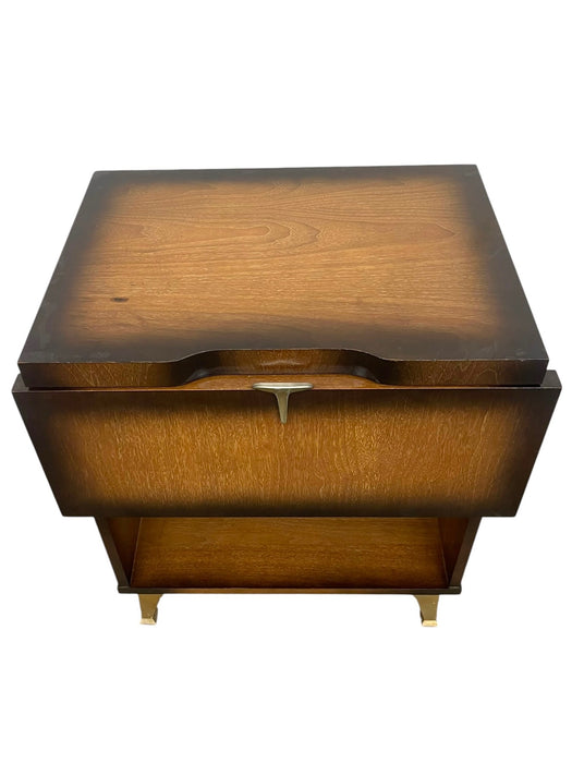 Vintage Mid-Century Modern Drop-Front Nightstand / Bedside Cabinet with Interior Drawer and Brass-Toned Legs