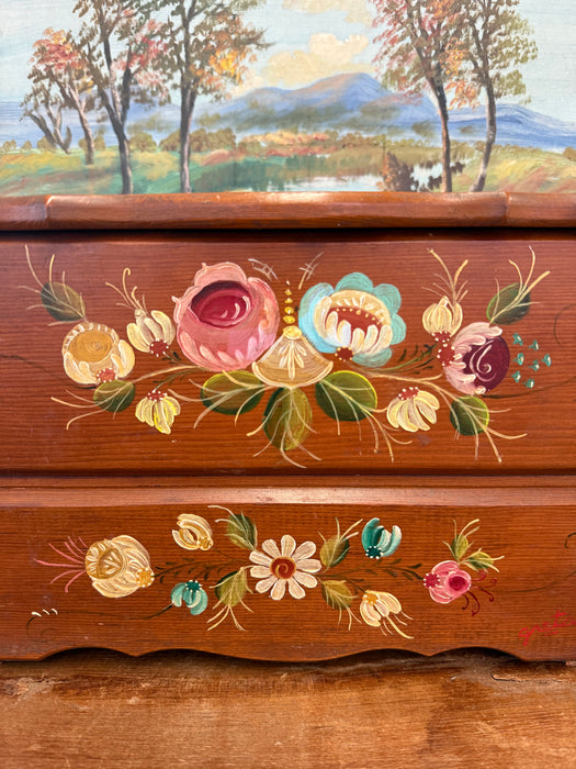 Vintage Hand-Painted Wooden Jewelry Trinket Box - Folk Art Style Floral Organizer Primitive Storage Chest