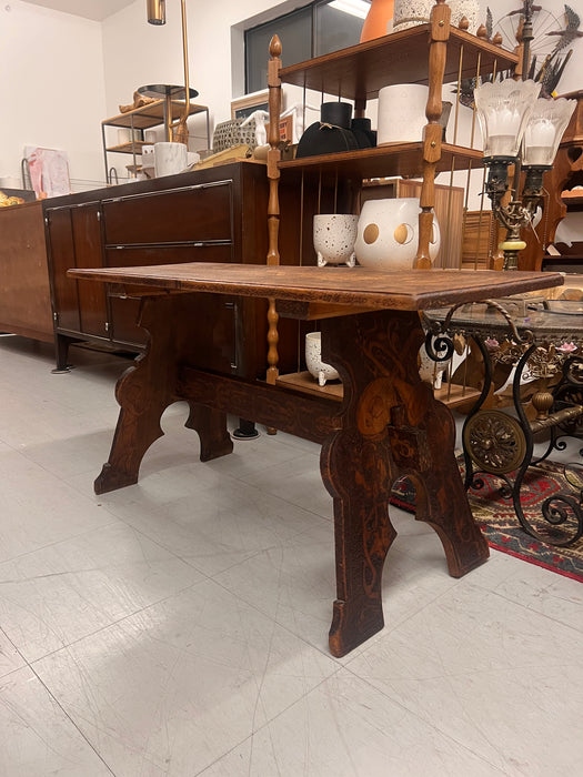 Antique Pyrography Trestle Wood Folk Art Decorative Bench or Accent Entryway Table UK Import