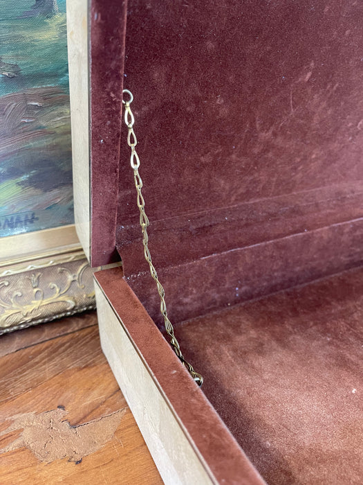 Vintage Possibly Tessellated Stone and Brass Toned Inlay Jewelry or Keepsake Box with Velvet-like Interior.