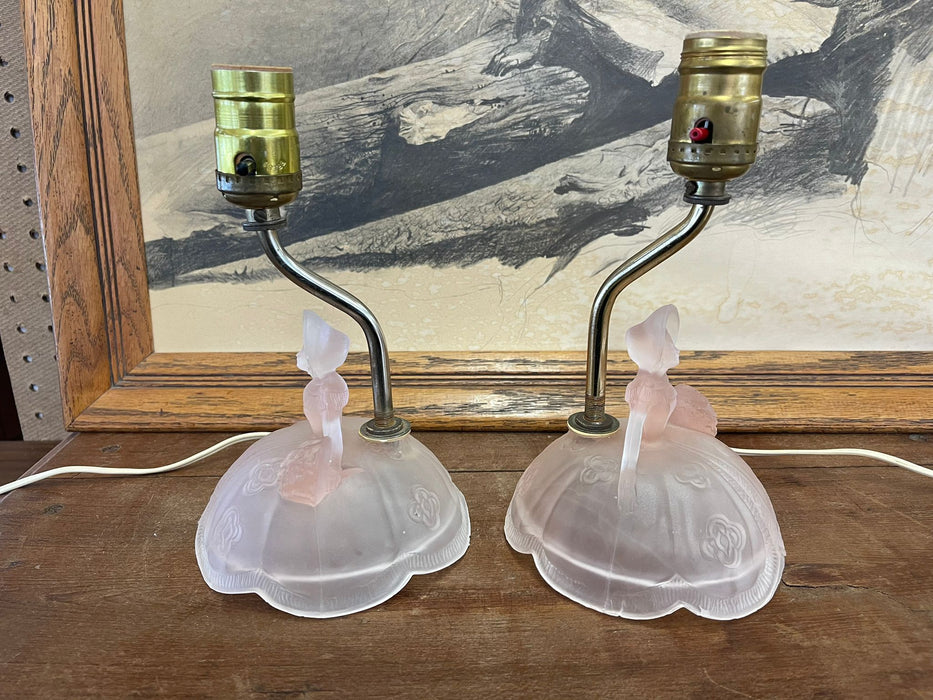 Vintage Pair of Pink Toned Southern Belle Table Lamps With Frosted Glass Base.