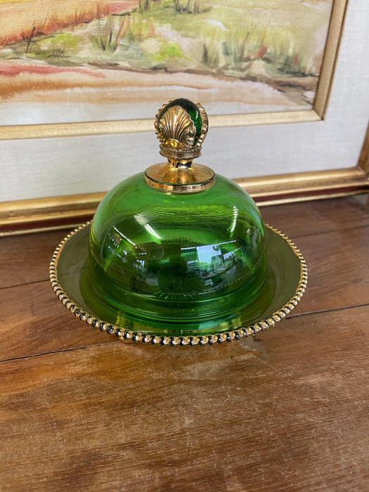 Vintage Green Glass Covered Candy Dish with Pedestal Base and Brass-Toned Mount