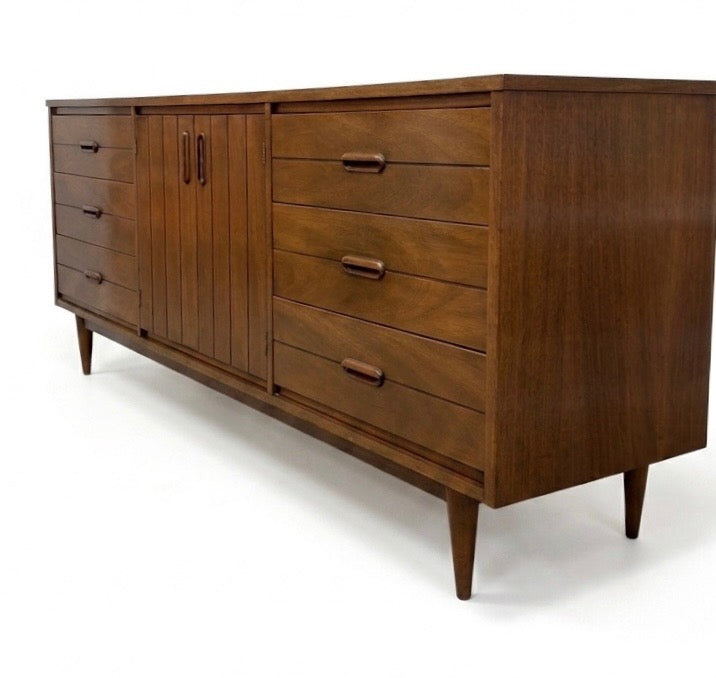 Vintage Mid Century Modern Walnut 9-Drawer Triple Dresser Dovetailed Drawers