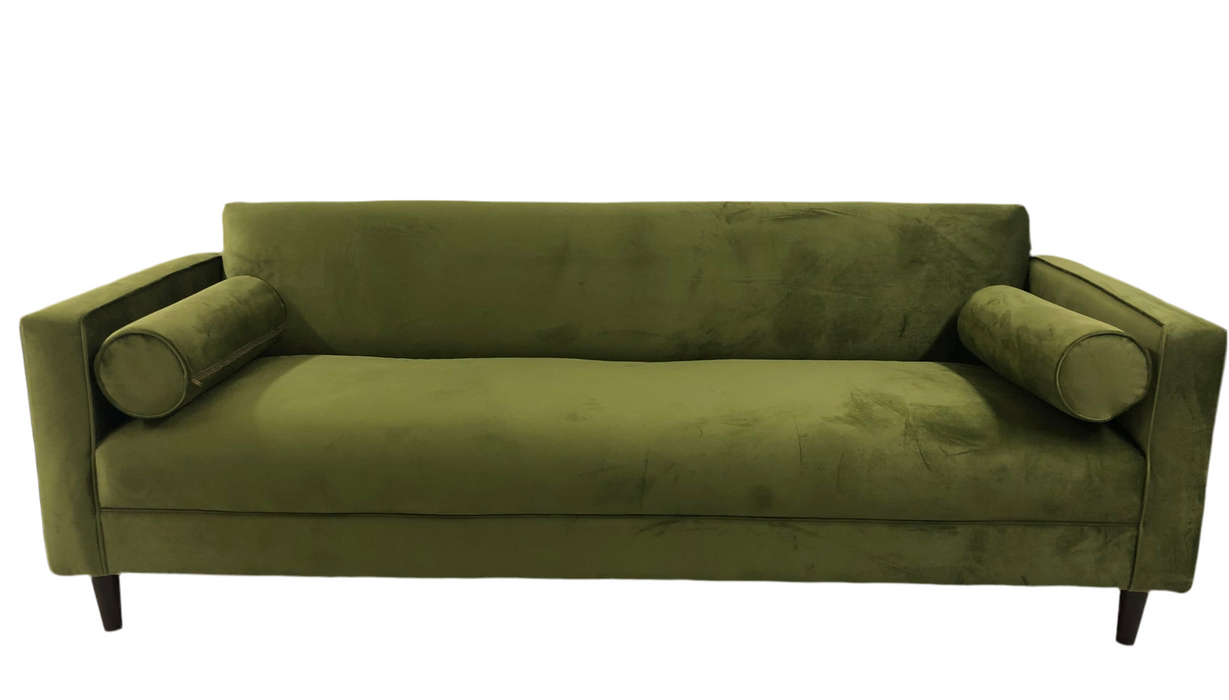 Brand New Modern Sofa/ Couch in Avocado Green Velvet Upholstery Made in USA Solid Wood Frame