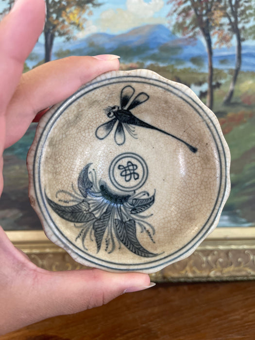 Vintage Vietnamese Ceramic Tea Bowl with Hand-Painted Dragonfly and Botanical Motif
