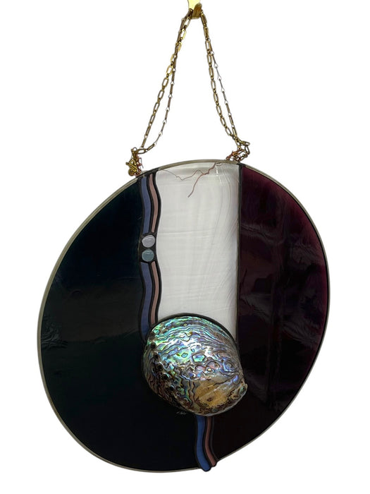 Vintage Signed Stained Glass Round Panel with Abalone Shell, Hanging Wall Art Suncatcher