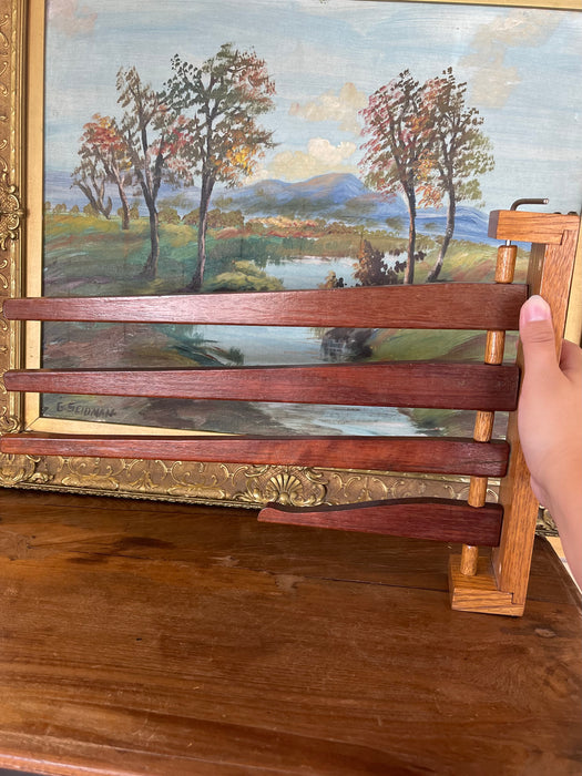 Vintage Wooden Swing-Arm Wall-Mounted Quilt or Towel Rack in Likely Oak and Mahogany.