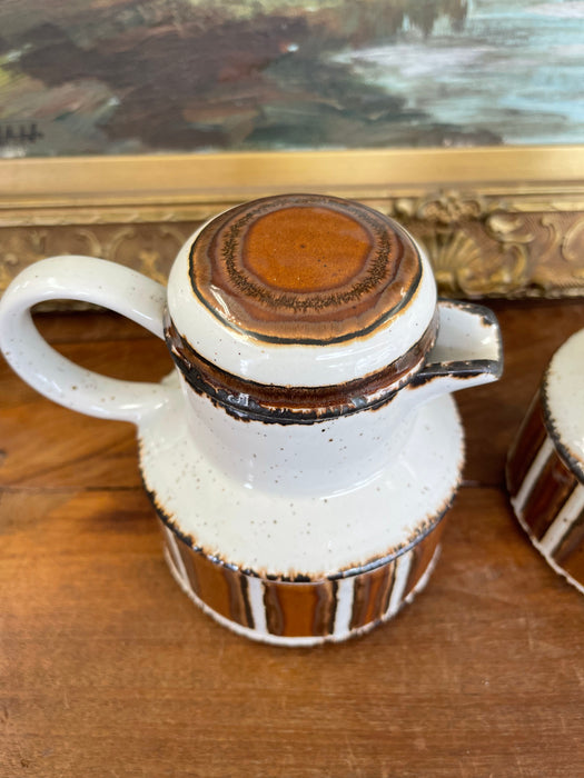 Vintage Mid-Century Modern Midwinter Pottery Creamer and Lidded Sugar Bowl Set, Hand-Painted in England