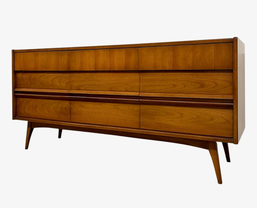 Vintage Mid-Century Modern 4-Piece Bedroom Set - 9-Drawer Lowboy Dresser, Tall Highboy Dresser & Pair of Nightstands with Sculpted Pulls and Dovetail Drawers