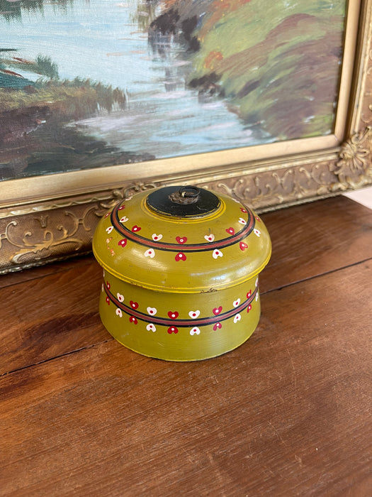 Vintage Hand-Painted Lacquered Wood Lidded Box with Heart Motif