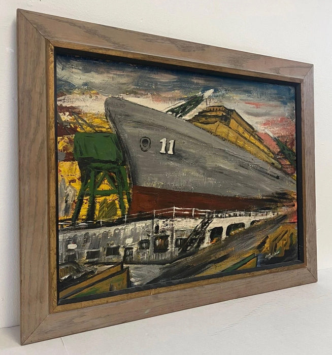 Vintage Mid-Century Industrial Shipyard Painting Signed Framed Harbor Maritime Scene