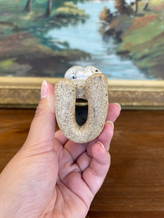 Handmade Studio Pottery Bunny Card Holder with Brown Glaze Accents.