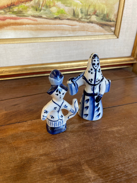 Vintage Blue and White Porcelain Figurine Pair, Hand-Painted Folk Figures