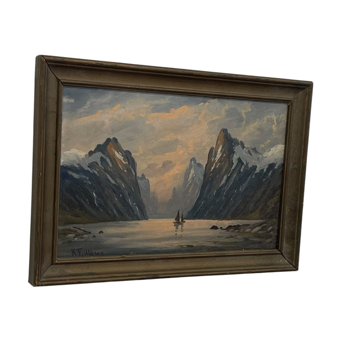 Vintage Signed K. Fjeilberg Mountain Landscape Painting with Sailboats in Gilt Wood Frame Possibly 1930s Norway