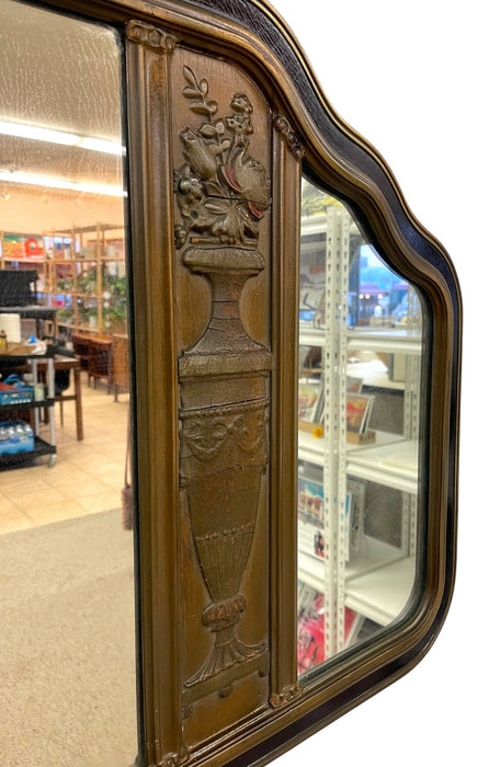 Antique Carved Wood Overmantel Mirror with Floral Urn Motifs and Scrolled Crest.