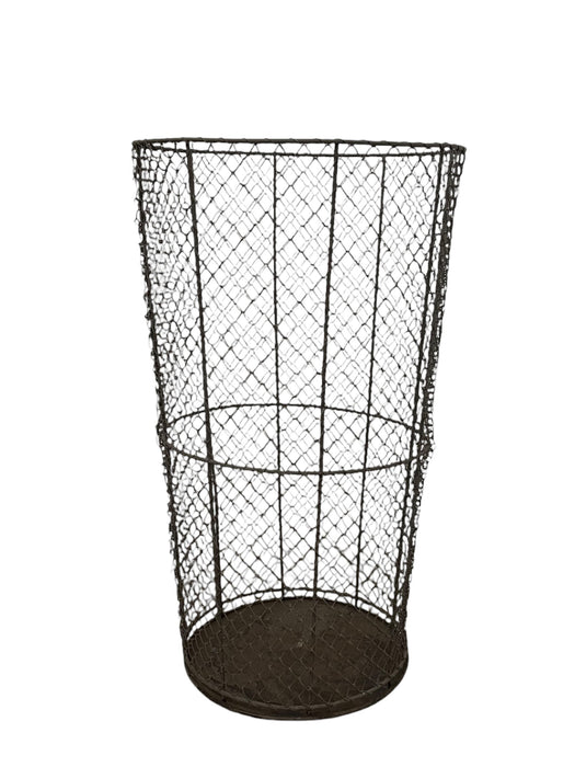 Vintage Industrial Wire Mesh Metal Trash Can / Waste Basket - Tapered Cylindrical Open-Top Bin