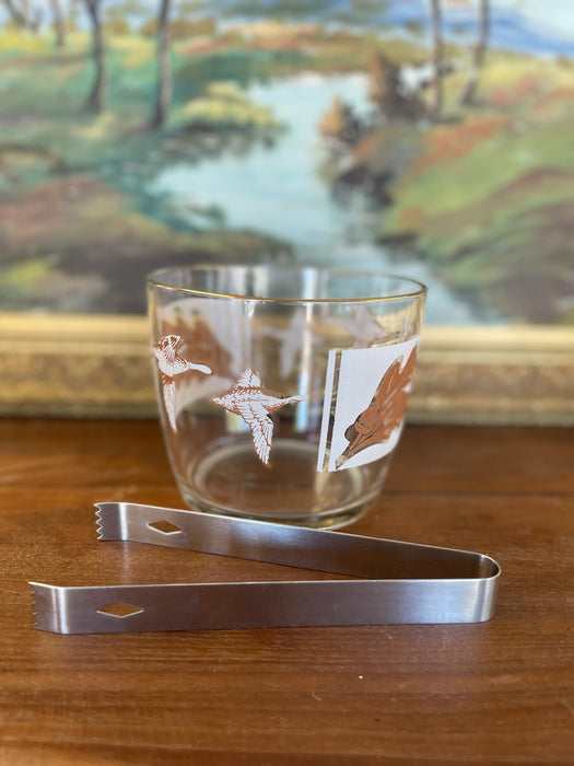 Mid-Century Ice Bucket with Ducks in Flight and Oak Leaf Motif, Gold Rim, and Stainless Steel Tongs - 1960s Sporting Barware.
