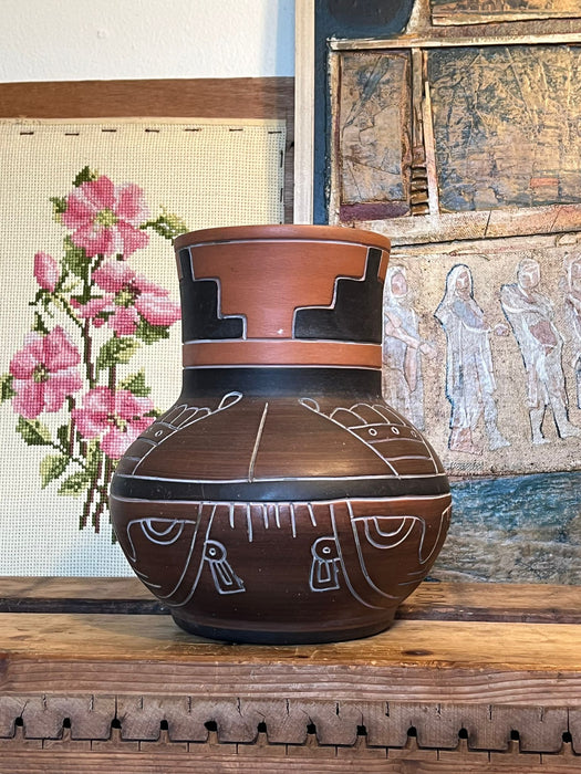 Vintage Leopoldo de Mexico Aztec Mayan Red Clay pottery folk art Vase ( Available by Online Purchase Only)