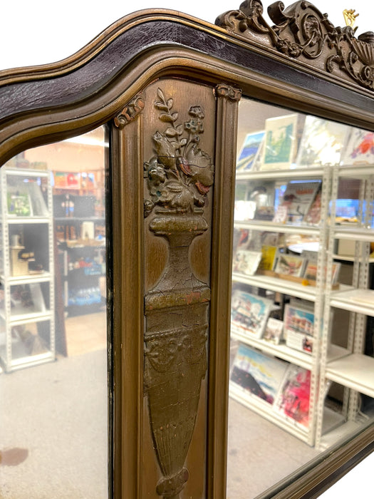Antique Carved Wood Overmantel Mirror with Floral Urn Motifs and Scrolled Crest.