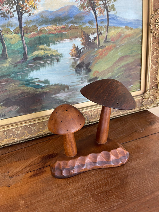 Vintage Mid-Century Hand-Carved Monkey Pod Wood Mushroom Sculpture by Leilani, Made in Philippines.