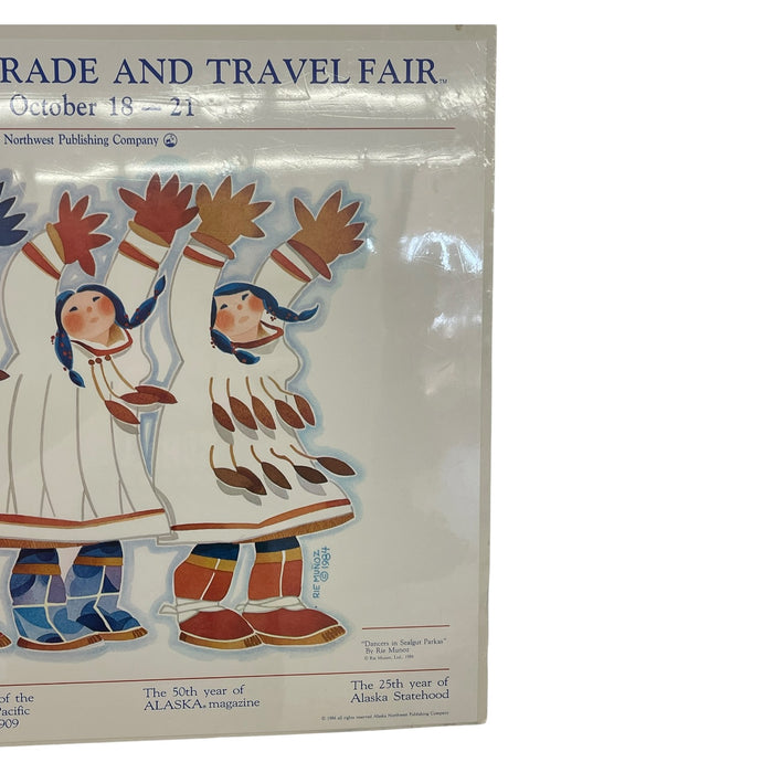 1984 Alaska Northwest Trade and Travel Fair Poster by Rie Munoz, Dancers in Sealgut Parkas, Seattle Center