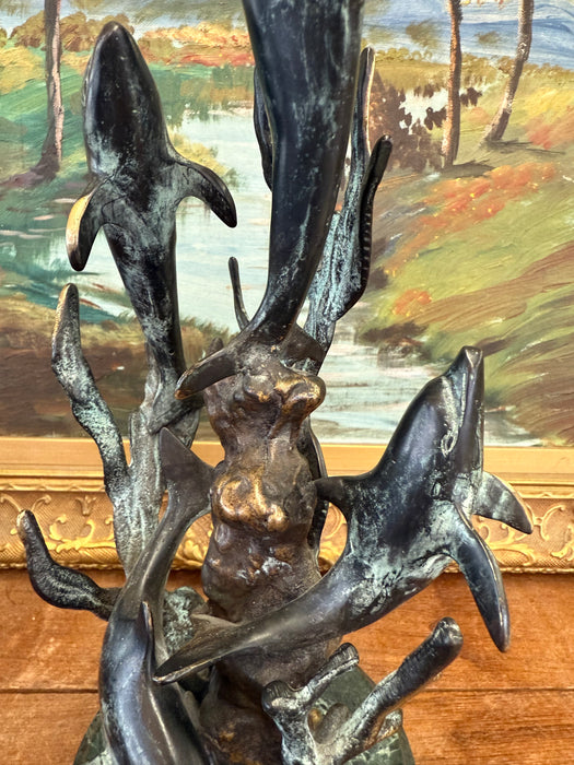 Vintage Mid Century Modern Style Bronze Toned Dolphin Sculpture on Green Marble like Base Nautical Ocean