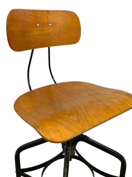 Vintage Industrial Adjustable Height Drafting Chair with Bentwood Seat