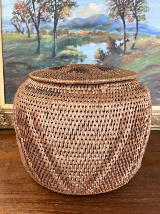 Vintage Handwoven Southeast Asian Rattan Lidded Basket with Saburst and Diamond Weave pattern