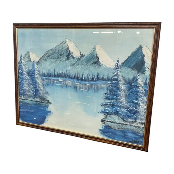 Vintage Framed Snow-Capped Mountain Lake Landscape Painting, Signed, Blue Tonal Scenic Wall Art.