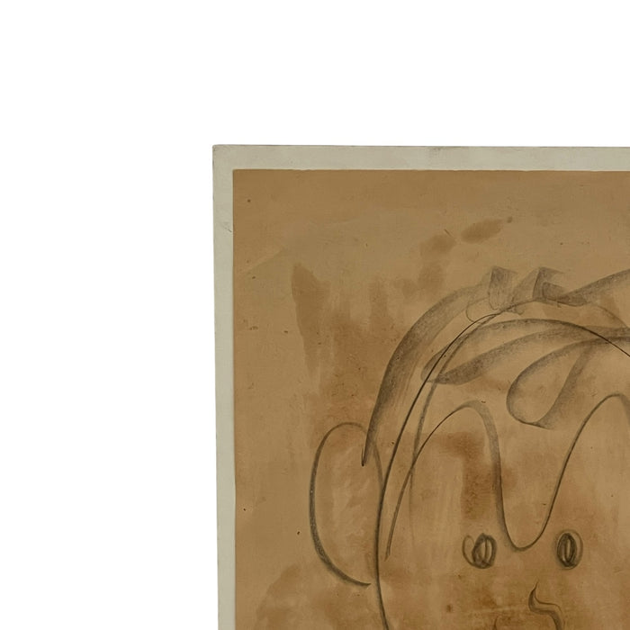 Vintage Abstract Portrait Drawing on Toned Paper by Jerry Owens, Modernist Figurative Artwork.
