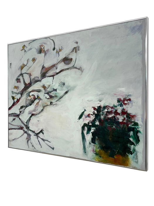 Large Contemporary Abstract Floral Painting on Canvas in Silver Frame, White Blossoms Still Life